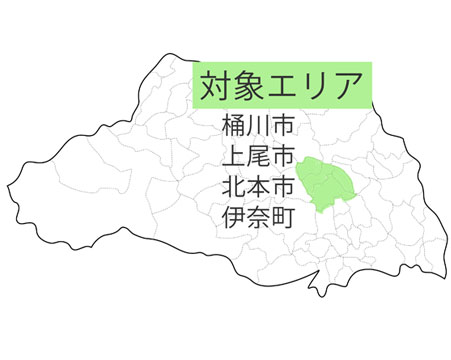 対象エリアの地図(埼玉県桶川市・上尾市・北本市・伊奈町)